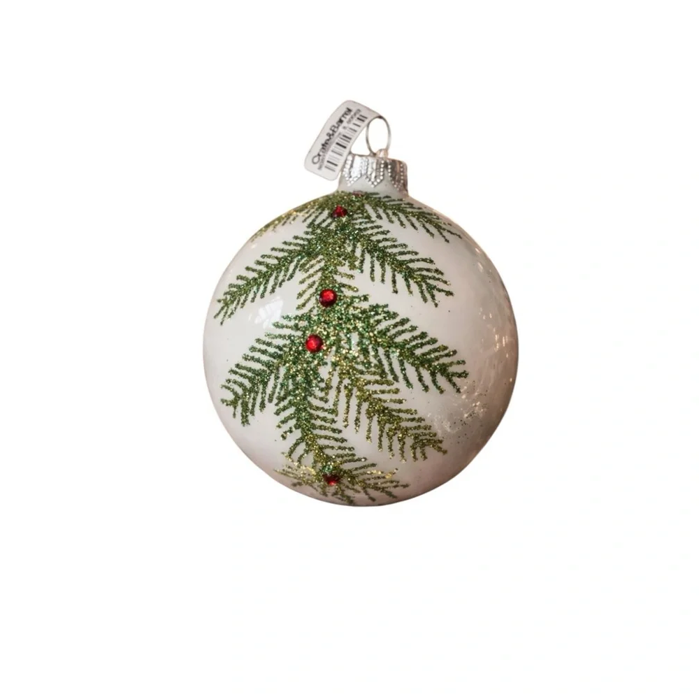 Crate & Barrel White Glass Christmas Ornament Glitter Pine Branch Red Jewel